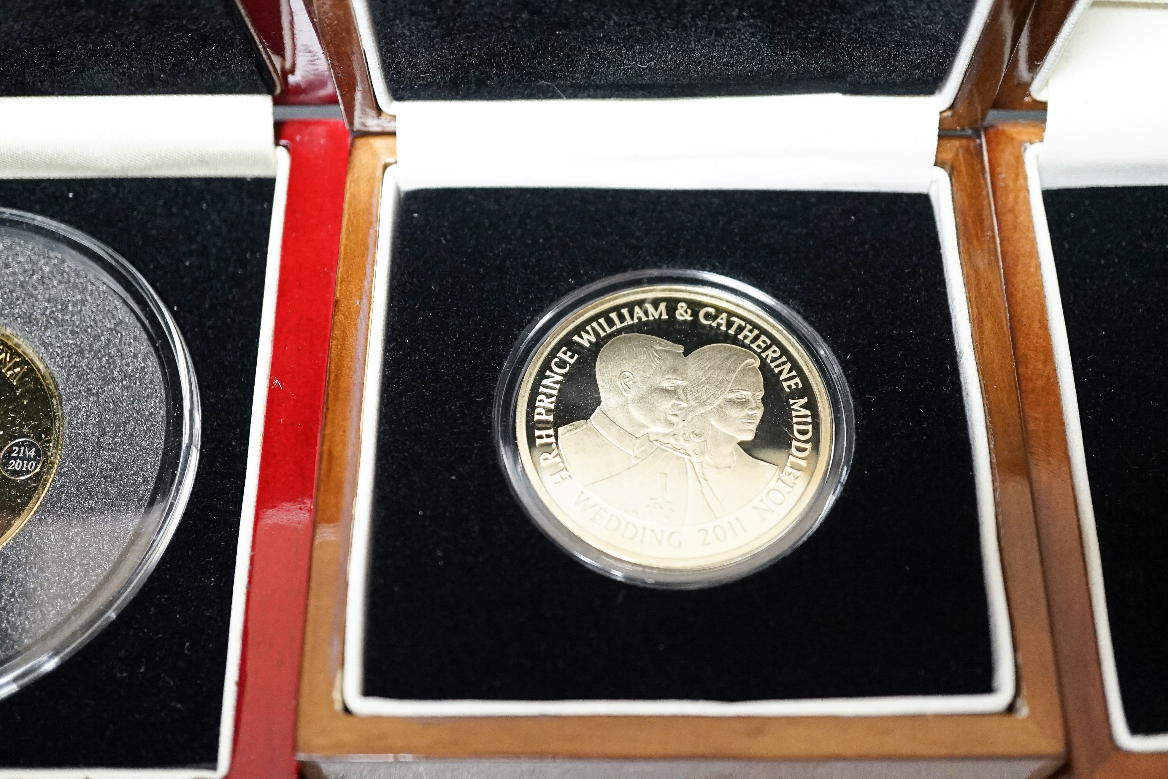 Four London mint silver coins - £5 2008, 2009, 2010 piedfort crown, William & Catherine silver coin 2011, together with two Victorian silver sixpences, cased with certificates (5)
